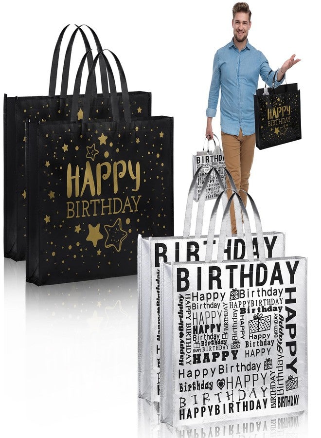 PerKoop 4 Pcs Extra Large Happy Birthday Gift Bags 20 x 16 Inch Jumbo White Black and Gold Gift Reusable Non Woven Birthday Party for Men Women Party Supplies - Image 1